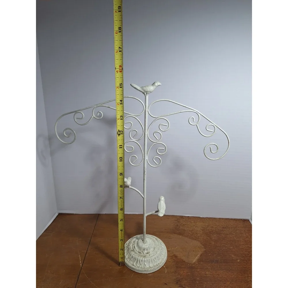 Shabby Chic Metal Bird Jewelry Stand Tree Necklace Organizer Distressed White